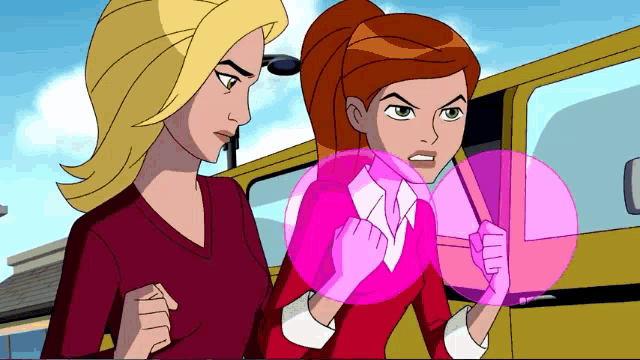 two cartoon characters are standing next to each other and one has a pink bubble around her neck