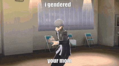 a man is dancing in a room with the words i gendered your mom