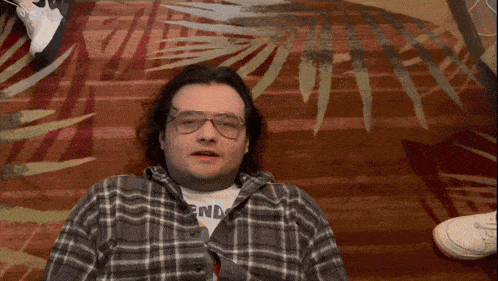 a man wearing glasses and a plaid shirt that says end is laying on the floor