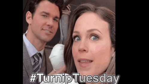 a man and a woman are posing for a picture and the caption reads #turnip tuesday