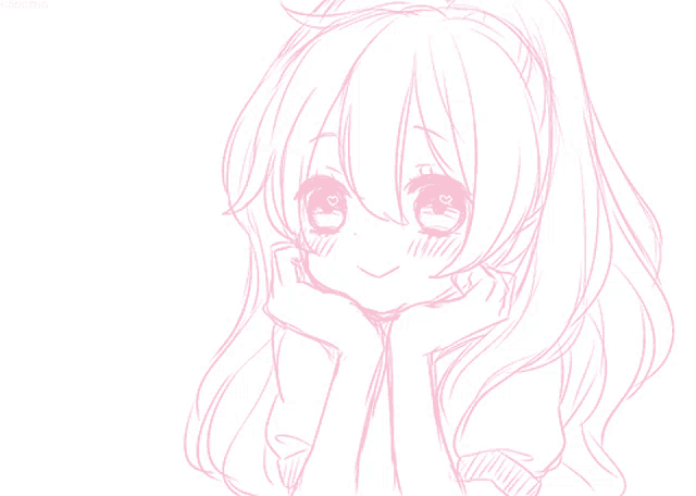 a drawing of a girl with long pink hair and hearts around her
