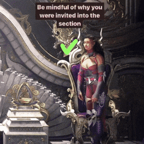 a woman is standing in front of a throne with the words be mindful of why you were invited into the section above her