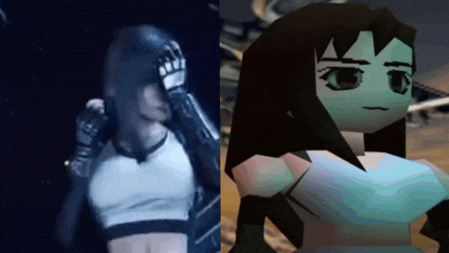 a woman in a crop top is next to a cartoon character