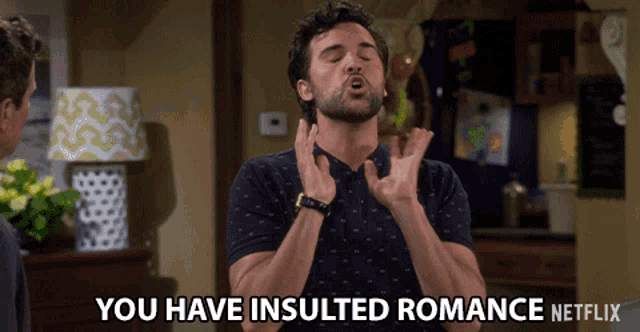 a man making a funny face with the words you have insulted romance netflix below him