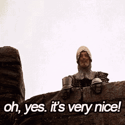 a man in a knight 's armor says " oh yes it 's very nice ! "
