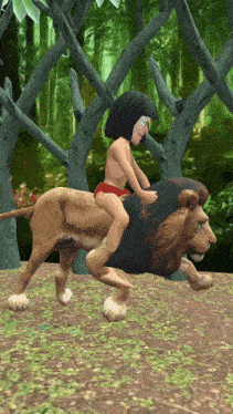 a boy is riding on the back of a lion in the jungle