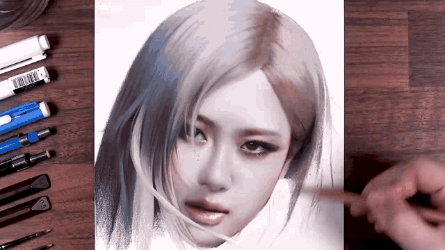 a person is drawing a woman 's face on a piece of paper .
