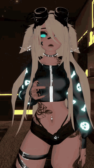 a girl with skulls on her sleeves and a tattoo on her belly