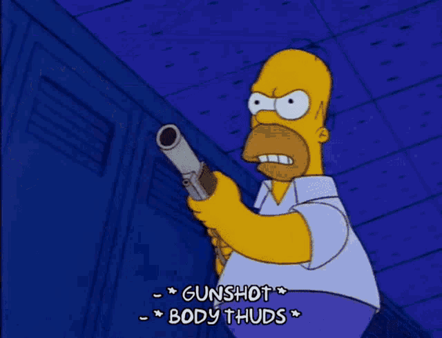 a cartoon character with the words gunshot body thuds written below him