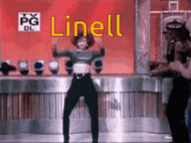a woman is dancing in front of a sign that says ' linell '