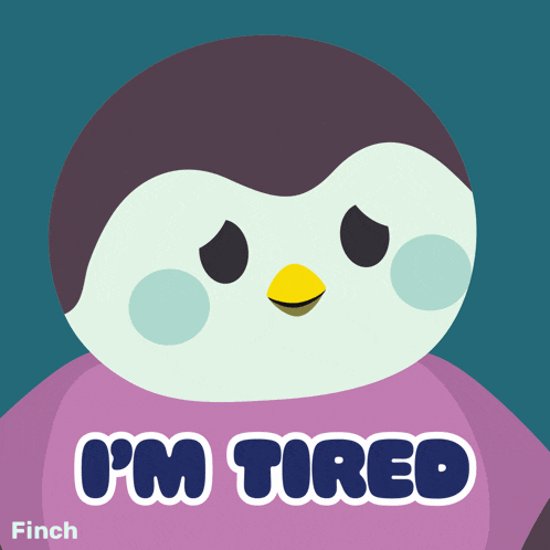 a penguin is wearing a purple shirt that says i 'm tired