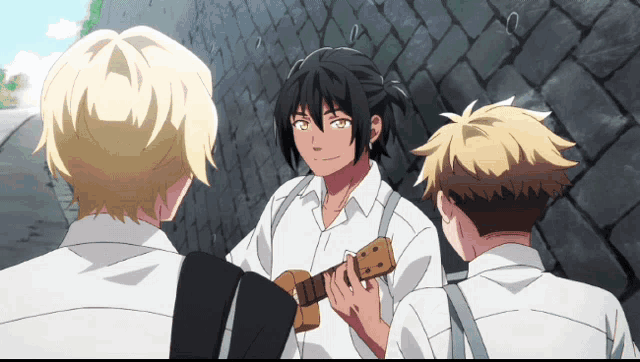a man is playing a guitar while two other men watch