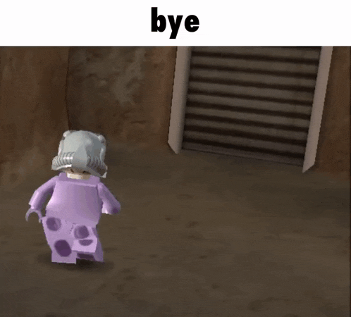 a lego figure is walking out of a doorway with the word bye above her