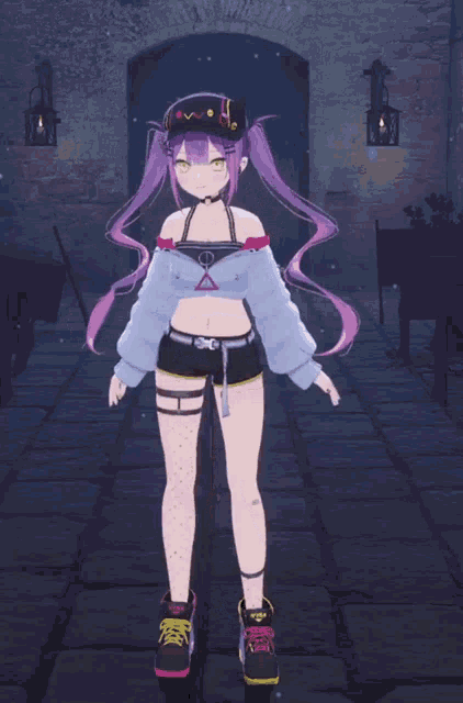 a girl with purple hair is wearing a crop top and shorts and a hat