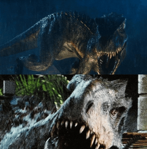 a picture of a dinosaur and a picture of a dog in the rain
