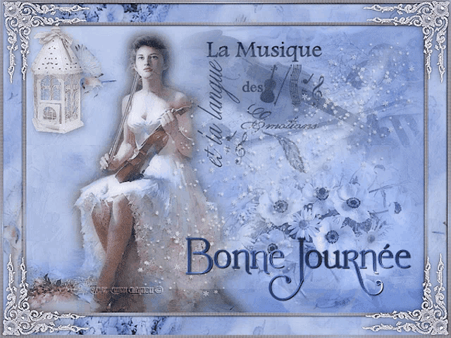 a greeting card with a woman holding a violin and the words la musique