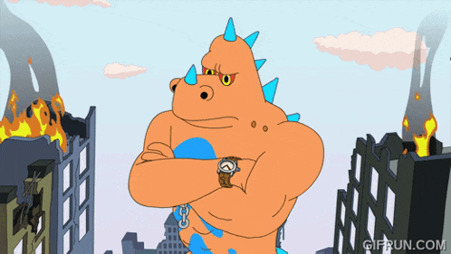 a cartoon of a rhino with a watch on his wrist stands in front of burning buildings