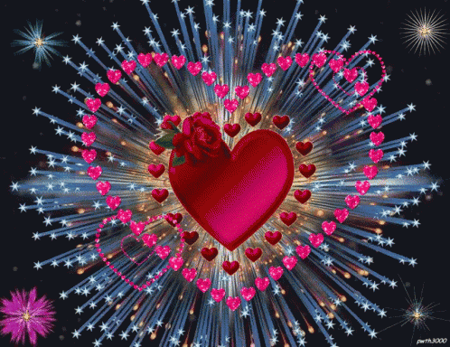 a heart is surrounded by pink hearts and a rose in a fireworks display
