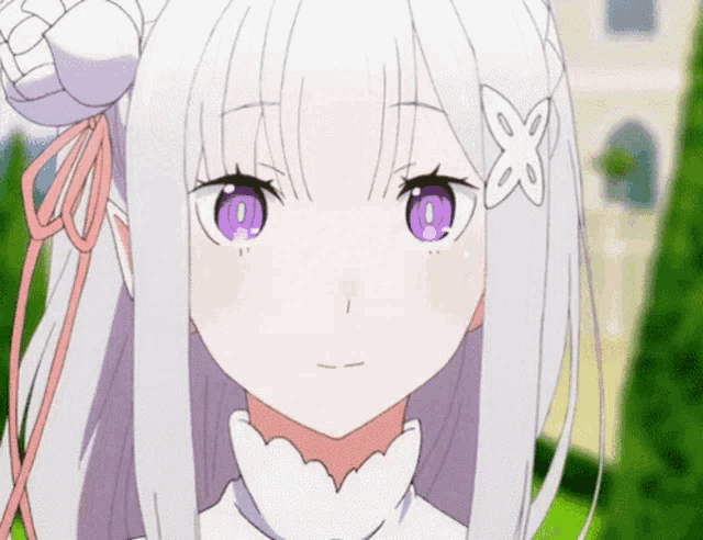 an anime girl with white hair and purple eyes