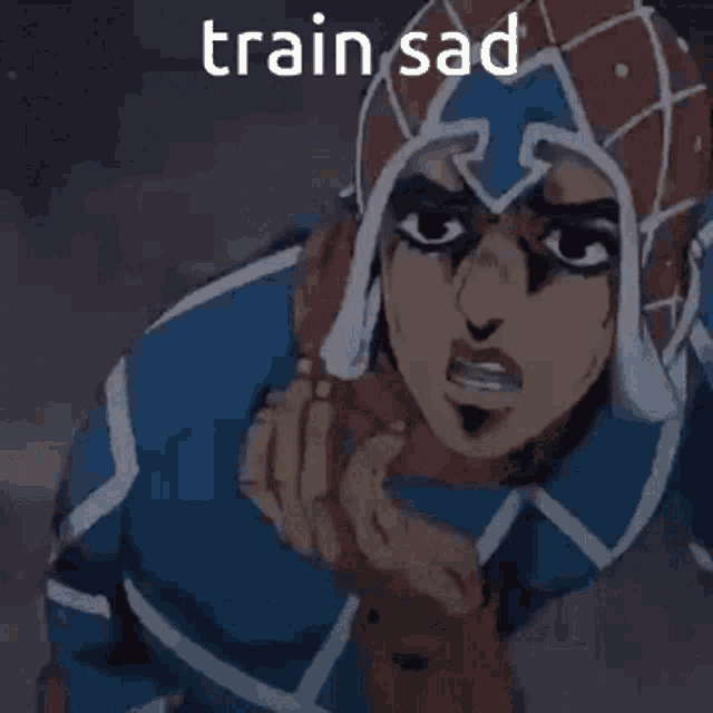a cartoon character from jojo 's bizarre adventure is making a sad face while wearing a hat .