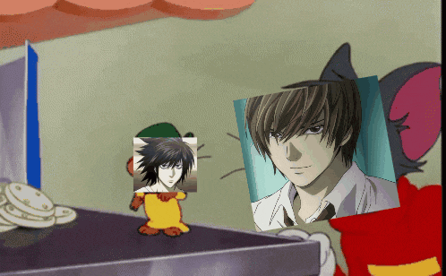 a cartoon drawing of a boy with a picture of l on it
