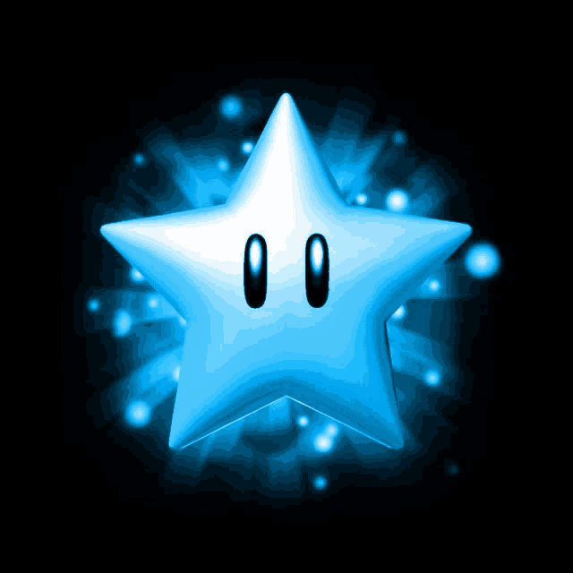 a blue star with two eyes and a black nose on a black background