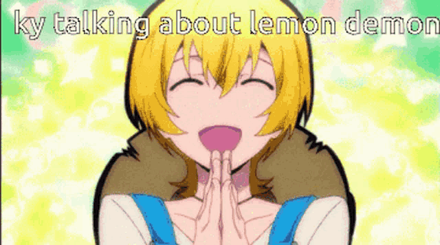 a cartoon of a girl with yellow hair and the words ky talking about lemon demon
