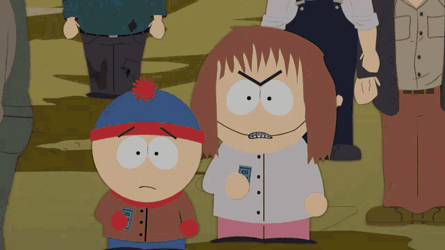 two south park characters are standing next to each other with one holding a cell phone