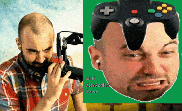 a man with a controller on his head next to a picture of a man with a controller on his face