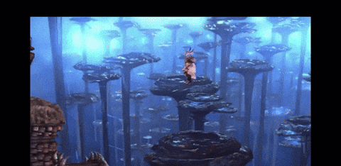 a video game scene shows a person standing on a tower in the middle of a forest
