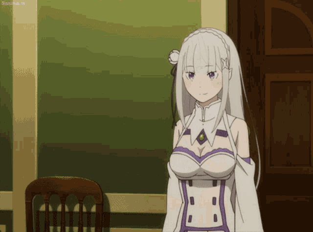 a girl with white hair and purple eyes is standing in front of a chair