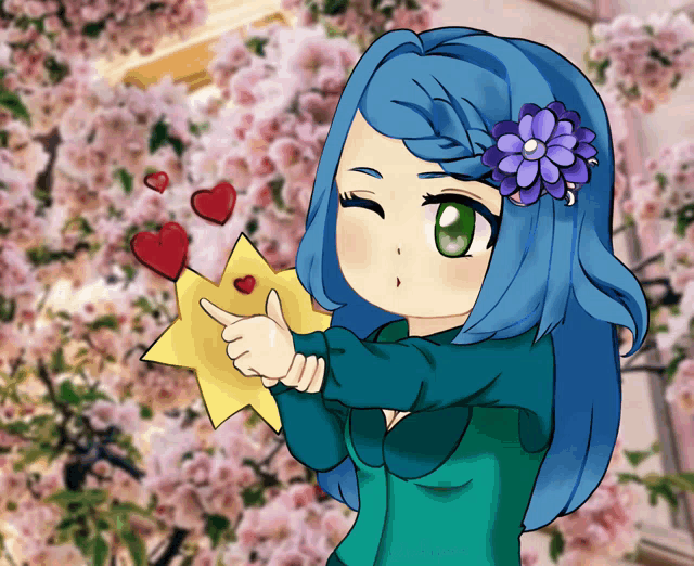 a girl with blue hair and a purple flower in her hair blowing a kiss