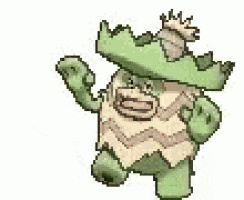 a pixel art of a green and white cartoon character with a crown on his head .