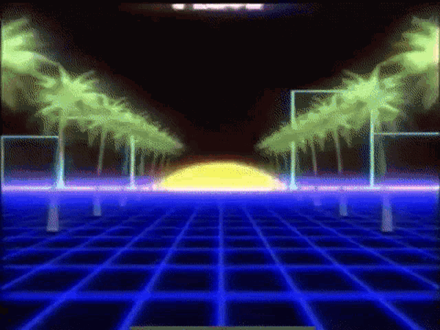 a computer generated image of a sunset with palm trees in the background