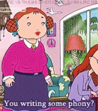 a cartoon of a woman talking to another woman with the words you writing some phony