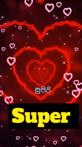 a red background with hearts and the word super