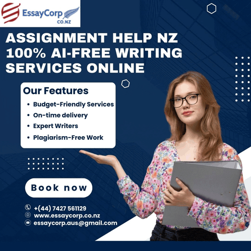 an advertisement for essay corp.co.nz shows a woman holding a book