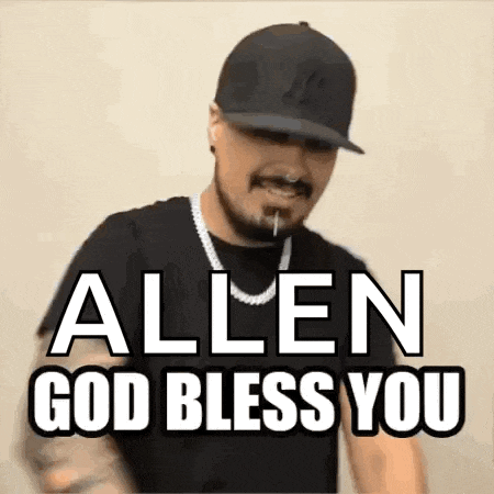 a man wearing a hat and a necklace is saying allen god bless you .