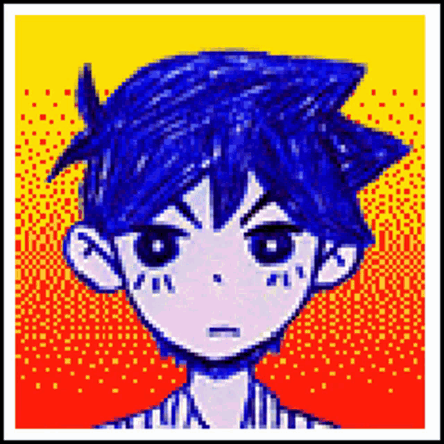 a pixel art of a boy with blue hair and a yellow and red background