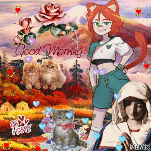 a picture of a girl in a cat costume with the words good morning written on it