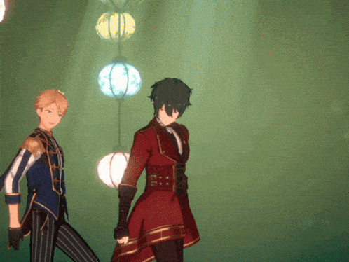 a man in a red dress is standing next to another man
