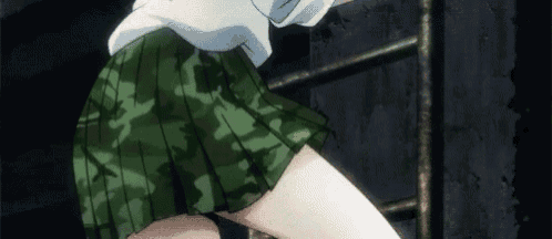 a girl in a green camouflage skirt is standing next to a metal ladder .