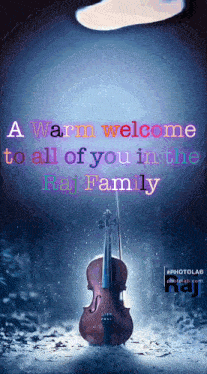 a violin is sitting in the snow with the words a warm welcome to all of you in the raj family