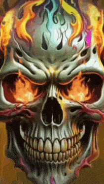 a painting of a skull with flames surrounding it
