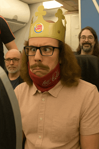 a man wearing a crown and a coca cola bandana