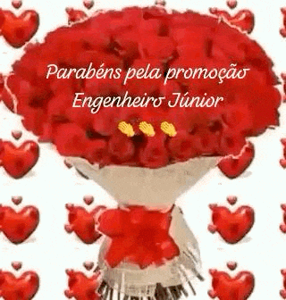 a bouquet of red roses with hearts around it .