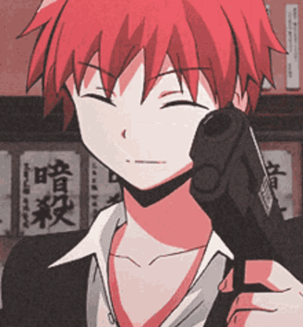 a boy with red hair is holding a gun in his right hand