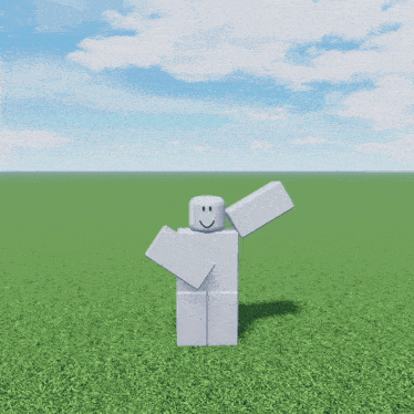 a white roblox character is standing in a grassy field
