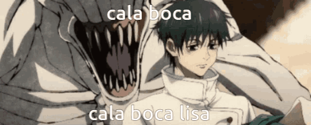 a man is standing next to a monster with the words cala boca and cala boca lisa written on it