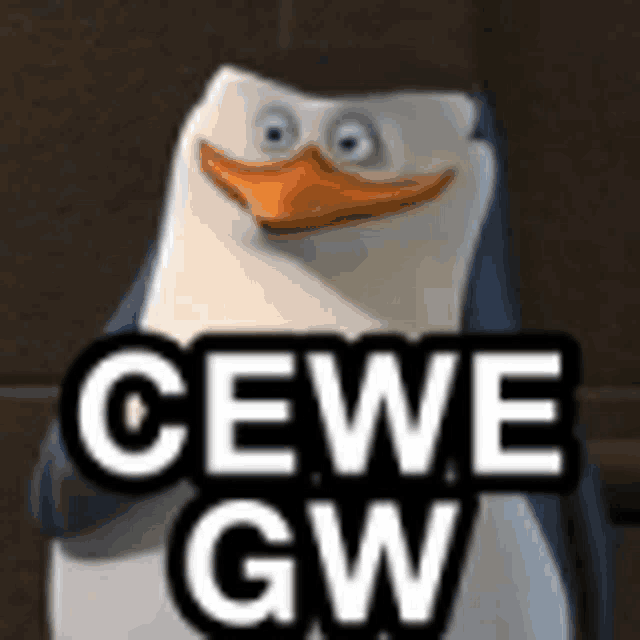 a penguin from madagascar is standing in front of a sign that says ' cewe gw ' .